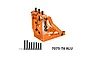 An orange GPM Racing aluminium quick release motor mount for RC cars, shown with included black screws and washers on a white background.