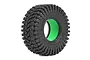 A single Boom Racing 1.9 inch TPD Gekko rock crawler tyre featuring aggressive tread patterns and a bright green foam insert, isolated on a white background.