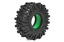A single Boom Racing 1.9 inch Aggressor Gekko black rubber rock crawler tyre with a bright green foam insert, shown against a white background.