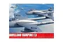 Box art for Airfix 1/48 De Havilland Vampire F.3 model kit featuring a formation of silver jet aircraft flying over a landscape.