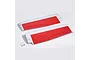 A set of two white and red foam RC airplane main wings with small plastic hardware components on a plain white background.
