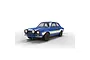 A 1/32 scale Scalextric Fast and Furious Ford Escort Mk1 slot car in blue with white racing stripes on a white background.
