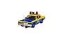 A 1/32 scale Scalextric Dodge Monaco New York State Police slot car in blue and yellow livery with roof-mounted lights.