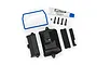 Traxxas waterproof receiver box cover kit including black plastic housing, blue rubber seal, screws, foam padding, and a tube of silicone grease.