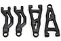 Four black RPM RC suspension arms arranged on a white background, including two curved upper arms and two triangular lower arms.