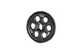 A black GPM Racing 61T M0.5 spur gear for RC cars, featuring a six-hole design and laser-etched branding on a white background.