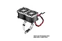 GPM Racing dual cooling fan unit with silver aluminium housing and stainless steel adjustable mounting strap on a white background.