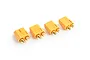 Four XT60 female electrical connectors with yellow plastic housings and gold-plated bullet terminals arranged on a white background.