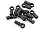 A pile of twelve black plastic RC rod ends scattered on a white background.