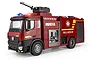 A studio shot of the Huina 1562 RC fire truck in red with a water cannon on top, featuring illuminated blue and red emergency lights.