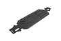 A black Rovan aluminium main chassis plate for an RC vehicle, shown from a high-angle perspective against a white background.