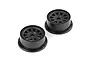 Two black plastic 1/5 scale RC short course rear rims shown from a high angle against a white background.