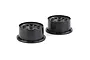 Two black Rovan 1/5 scale RC short course rear rims sitting on a white background.