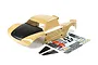 Rovan 1/5 scale LT short course RC truck body shell in tan and black with a matching decal sheet and two small black plastic panels.
