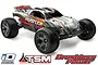 Traxxas Rustler VXL 1/10 scale RC stadium truck with silver, black, and orange body graphics, shown with TSM and Brushless Power logos below.