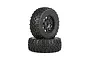 Two Rovan LT RC car wheels with black beadlock rims and aggressive broken nail tread pattern tires stacked on a white background.
