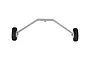 A studio shot of an FMS RC airplane main landing gear set featuring a metal strut and two black rubber wheels.