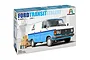 Italeri 1/24 scale Ford Transit model kit box showing a white and blue van with Italeri branding parked near cardboard boxes.