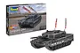 Revell 1/35 scale Leopard 2A4 40th Anniversary model kit box and a fully assembled, painted black tank model with white trim and flag antennas.