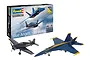 Revell Blue Angels 80 Years model kit box with two assembled and painted model aircraft, a Hellcat and a Super Hornet, displayed in front.