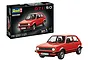 Revell 1/24 scale VW Golf 1 GTi plastic model kit box and a fully assembled red model car on a white background.