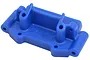 A blue RPM front bulkhead replacement part for Traxxas RC vehicles, shown from a high-angle studio perspective.