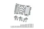 GPM Racing silver aluminium centre gear box skid plate and mount set for RC cars, including mounting brackets and various screws on a white background.