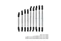 A set of nine GPM stainless steel adjustable turnbuckles and linkages with black plastic rod ends and a collection of metal screws on a white background.