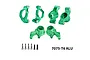A set of green anodized aluminium RC suspension parts including C-hubs, steering knuckles, and rear hubs with mounting screws on a white background.