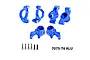 A set of blue anodized aluminium RC car suspension parts including steering hubs, C-hubs, rear hubs, and mounting screws on a white background.