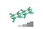 Four green anodized aluminium RC suspension arms with silver metal shafts, accompanied by screws, washers, and pins on a white background.