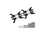 A set of four black aluminium upper suspension arms for RC cars, featuring silver metal shafts, mounting hardware, and screws on a white background.