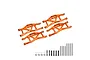 A set of four orange anodized aluminium suspension arms for Traxxas Maxx, including mounting hardware, screws, and pins on a white background.