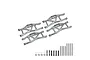 A set of four grey aluminium lower suspension arms for a Traxxas Maxx RC car, including mounting screws, pins, and washers on a white background.