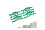 A set of four green anodized aluminium lower suspension arms for Traxxas Maxx RC cars, including mounting hardware, pins, and screws on a white background.