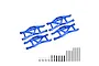 A set of four blue anodized aluminium suspension arms for Traxxas Maxx, including mounting hardware, pins, and screws on a white background.