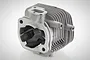 A silver Chung Yang 35mm 2-bolt cylinder head for RC engines, shown from a high-angle studio perspective against a white background.
