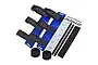 GPM Racing blue aluminium battery hold-down set including plates, velcro straps, screws, drill bit, and adhesive strips.