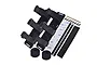 GPM Racing black aluminium battery hold-down set including plates, velcro straps, screws, adhesive tape, and a drill bit.