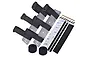 GPM Racing silver aluminium battery hold-down set for RC cars, including metal plates, velcro straps, screws, adhesive tape, and a drill bit.