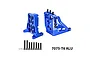 GPM Racing blue anodized aluminium motor mount set for RC vehicles, including mounting hardware and screws on a white background.