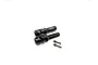 Two black metal Reefs RC CVD driveshafts and two small threaded pins on a white background.