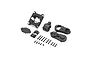 A set of black plastic Losi centre gearbox case components and associated mounting screws laid out on a white background.