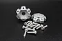 Two silver aluminium wheel hex hubs with a dot pattern design and a set of matching steel socket head screws on a black background.