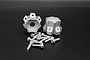 Two silver aluminium wheel hex hubs with a 10mm offset and a set of small steel socket head screws on a black background.