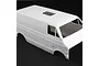 An unpainted white plastic body shell for a 1/12 scale Tamiya Lunch Box RC van, viewed from a high angle against a black background.