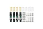 A set of four GPM Racing aluminium RC shock absorbers in black and green, including extra springs, mounting screws, and ball ends on a white background.