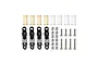 A set of four black GPM Racing aluminium adjustable RC shock absorbers with extra springs, mounting hardware, and screws on a white background.