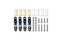 A set of four GPM Racing adjustable RC shock absorbers with blue and black components, including extra springs, mounting screws, and ball ends.