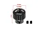 A black GPM Racing 23T 0.5 module pinion gear with dimension annotations and two grub screws on a white background.